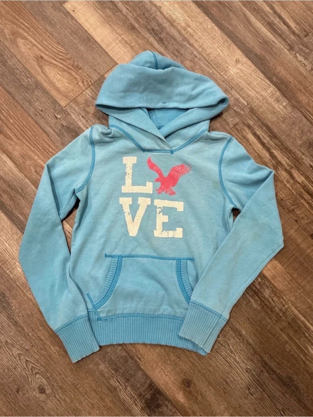 Y2K American Eagle Outfitters Light Blue LOVE Hooded Sweatshirt with Pink Accent